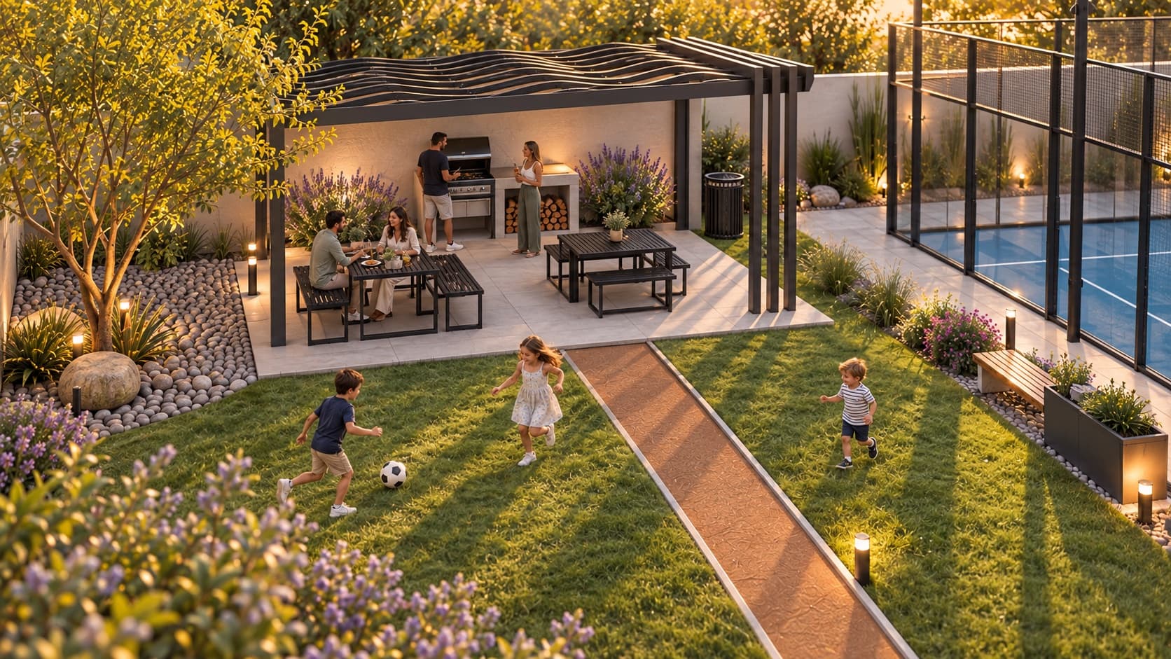 Terraza social con asador junto a la cancha de pádel