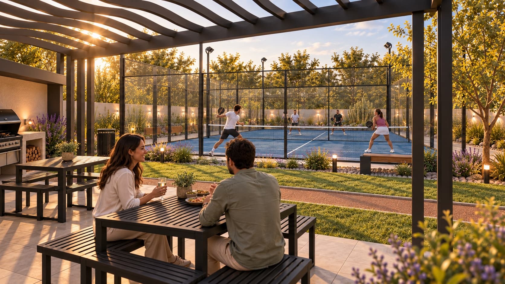 Pérgola con vista a la cancha de pádel